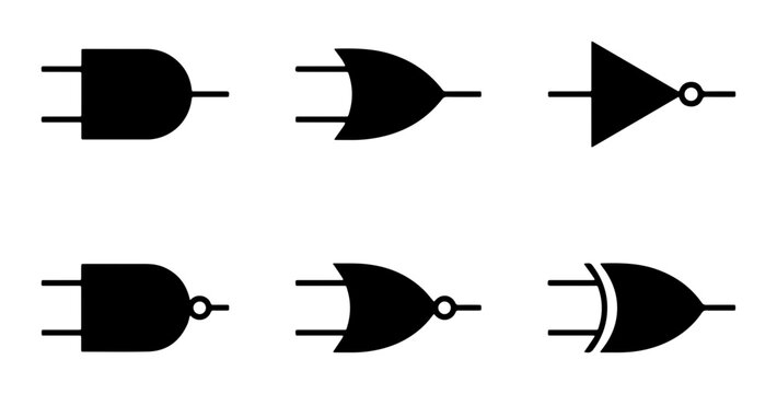 Logic gate icons set, digital circuit symbols for electronics engineering, black schematic vector elements for computer science and hardware design