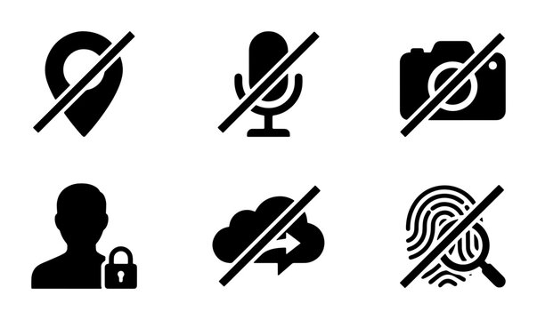 Privacy and security icons set, black flat vector symbols for data protection, disabled camera and microphone signs, restricted access and no tracking icons