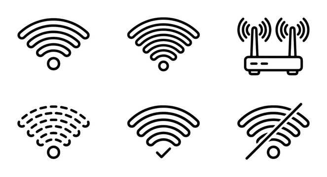 Minimalist wifi icon set, wireless internet signal symbols, router and network connection vector icons, black line art for web and mobile UI design