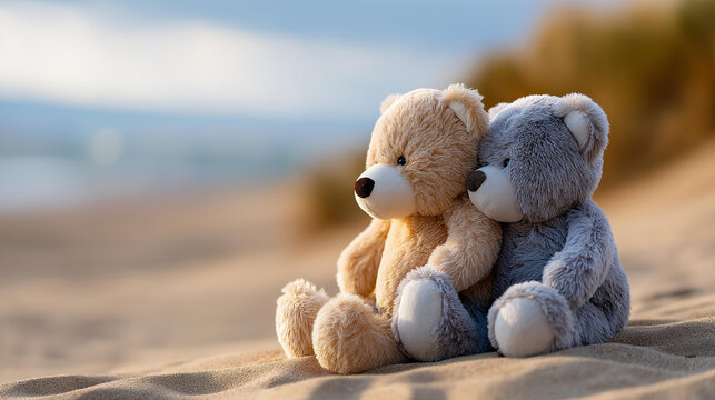 Close-up of two teddy bears sitting together on a sandy beach, Valentine's Day romantic concept, couple teddy bears, love symbol outdoors, defocused background, with copy space