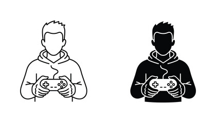 Man playing video game with handheld console controller vector illustration showing outline and solid black silhouette styles for gaming industry branding and digital entertainment content © Echo