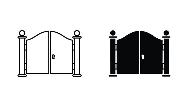 Double door gate icon set featuring classic entry with keyhole in clean outline and solid black silhouette styles for security and architecture graphics