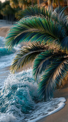 Fototapeta premium A close-up of palm leaves being washed by a turquoise wave, with spray on the sandy shore, provides a dynamic backdrop for themes of summer and the sea.