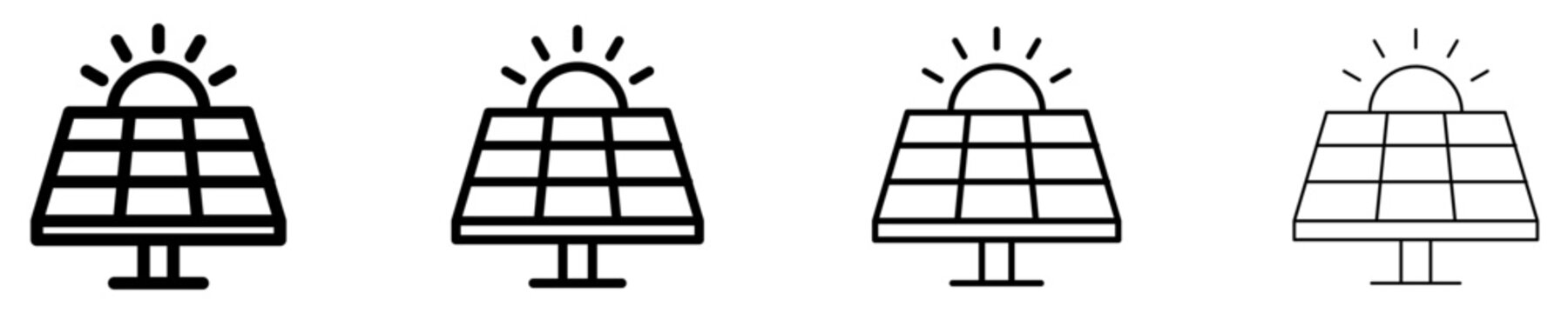 A set of solar panel and sun line icons, featured in four different stroke weights. Vector symbols for solar energy, renewable power sources, and eco-friendly technology.