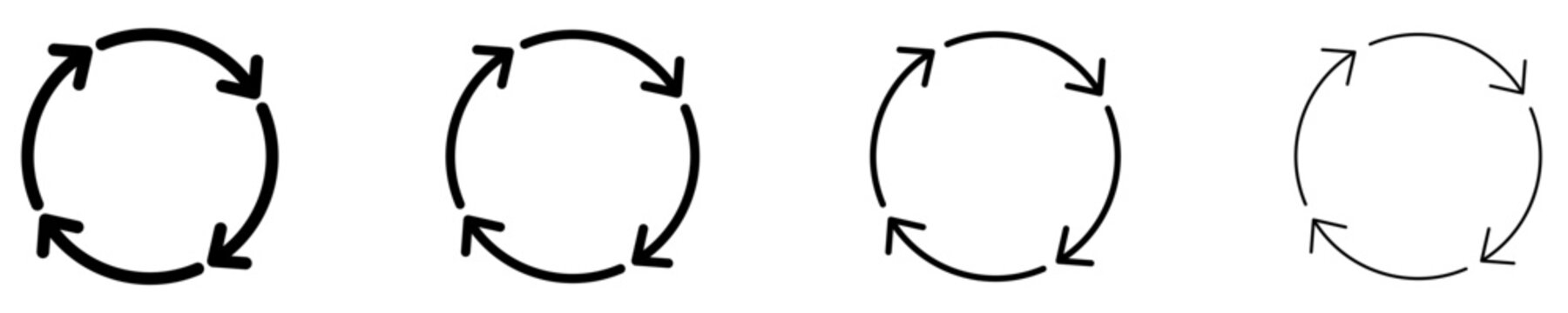 A set of line icons with arrows forming a circle, featured in four different stroke weights. Vector symbols for cyclicity, update, or recycling.