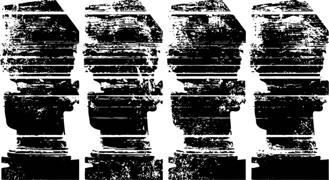 Abstract black glitch textured silhouettes of four human heads, digital distortion and noise effect on white background