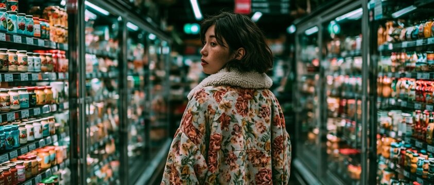 A young woman in a colourful coat stands amongst the fridges in a supermarket, providing an atmospheric backdrop for articles on consumer culture, modern retail or everyday city life.