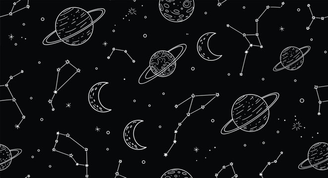 Seamless vector pattern of outer space elements including planets with rings stars constellations and crescent moons.