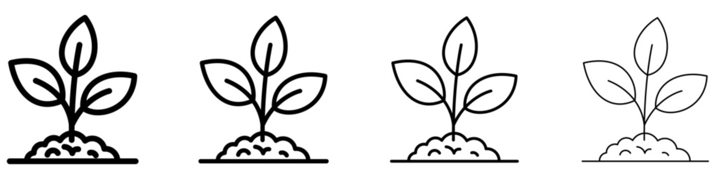 A set of young plant or sprout in soil line icons, featured in four different stroke weights. Vector symbols for agriculture, nature, ecology, or the beginning of growth.
