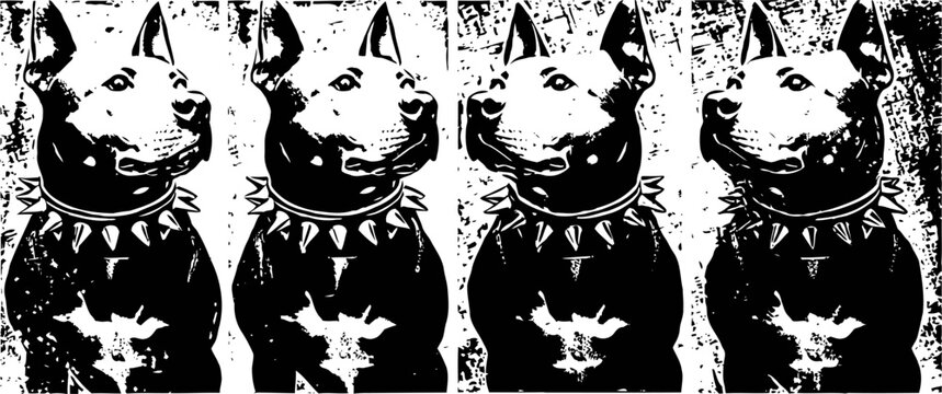 black and white artistic illustration of a doberman dog with spiked collar in four repeated panels