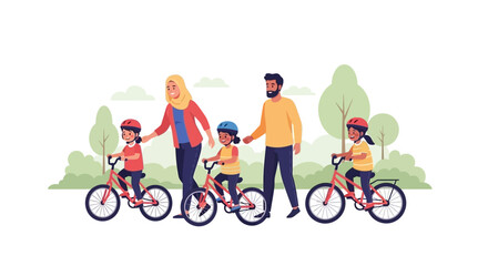 Naklejka premium Happy Muslim family with three children riding bicycles in the park. EPS Editable. Vector Illustrations.