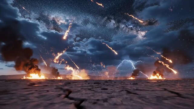 Dramatic apocalyptic scene of a meteor shower hitting a cracked desert landscape under a stormy night sky.