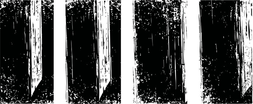 Set of four vertical black distressed grunge backgrounds with textured scratched patterns