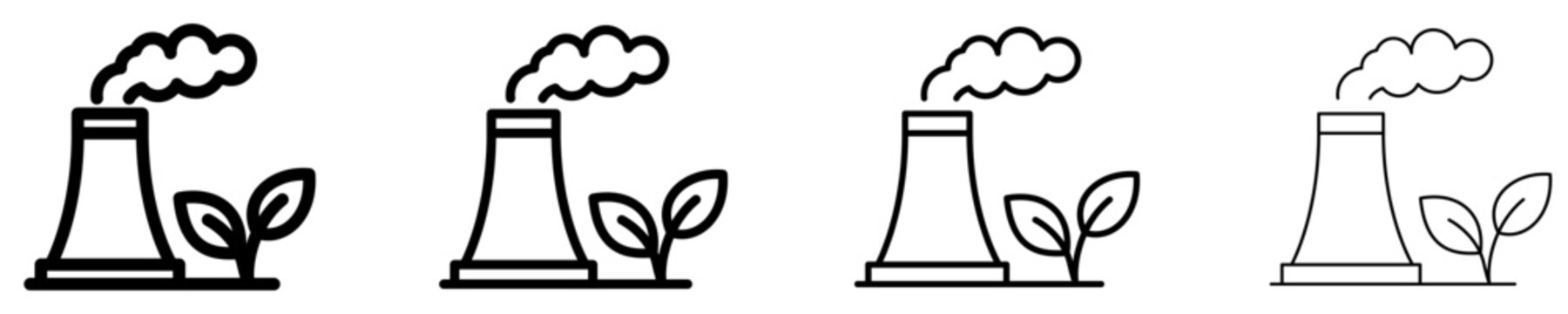 A set of industrial chimney line icons with smoke and a leaf sprout. Vector symbols for clean energy transition.