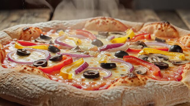 Delicious Hot Steaming Vegetable Pizza Freshly Baked on Wooden Table.
