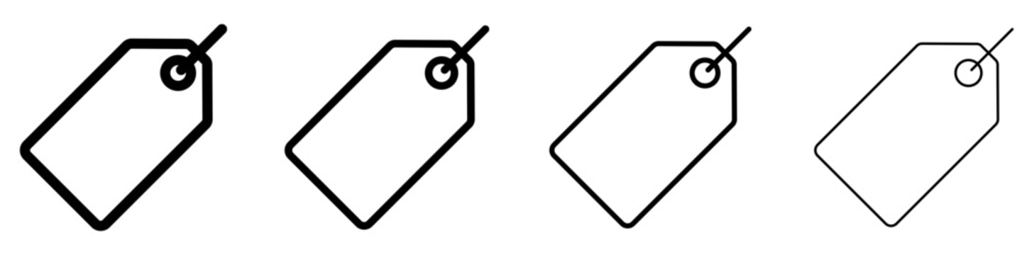 A set of price tag line icons, featured in four different stroke weights. Vector symbols for price, sale, shopping, or product labeling in retail.