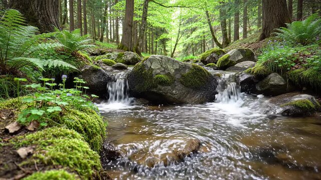 Serene Forest Stream Flowing Over Mossy Rocks Amidst Lush Greenery.