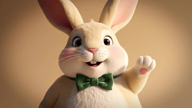 Cute 3D rendered Easter bunny character wearing a green bow tie waving on a neutral beige background.