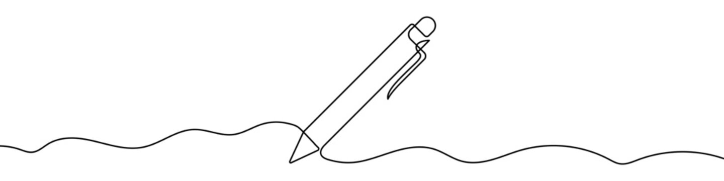 Pen or pencil, made in one continuous line. Minimalistic symbol of writing, creativity, education, or signing documents. Vector illustration.