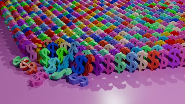 3d rendering of minimal plastic dollar sign with domino effect