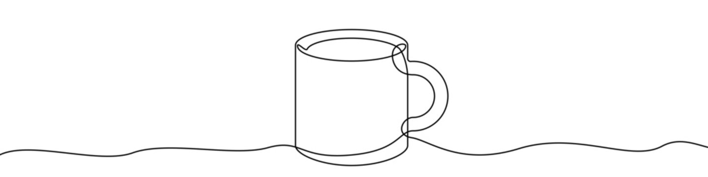 Cup or mug, made in one continuous line. Minimalistic symbol of morning coffee, coziness, tea break, or home warmth. Vector illustration.