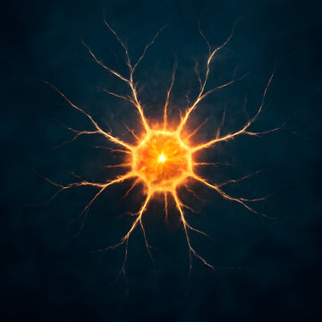 Glowing fiery neural network cell on a dark background
