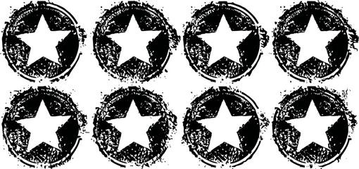 Fototapeta premium Eight black grunge star stamps in two rows on white background