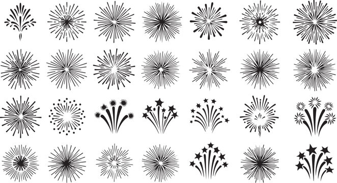 Black vector icons collection of fireworks and explosion