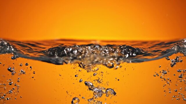 This captures the dynamic moment when an orange is dropped into a pool of water, creating a massive splash against a vibrant orange background. The footage showcases the refreshing and playful nature