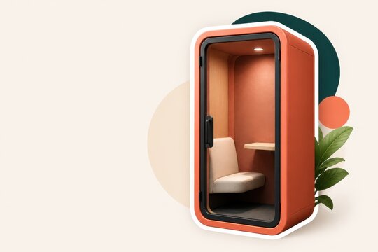 Modern orange privacy booth pod with plant on abstract background for office concept design