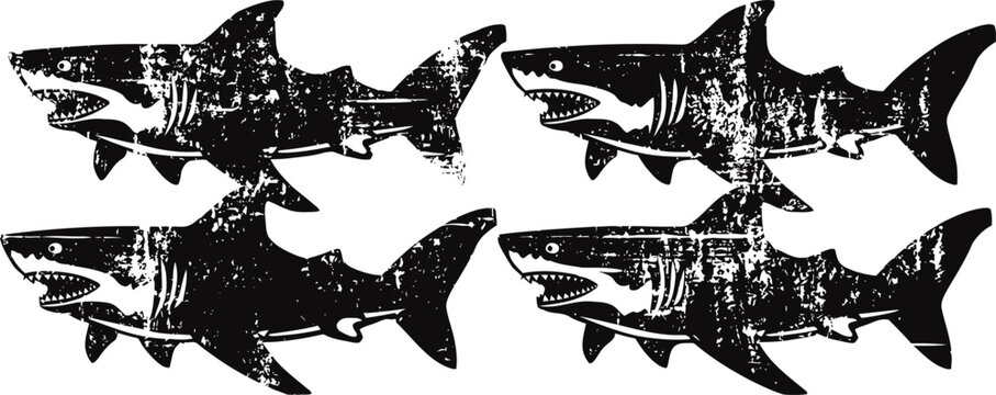 four vintage black sharks silhouettes grunge texture aquatic predators illustration ocean wildlife design elements