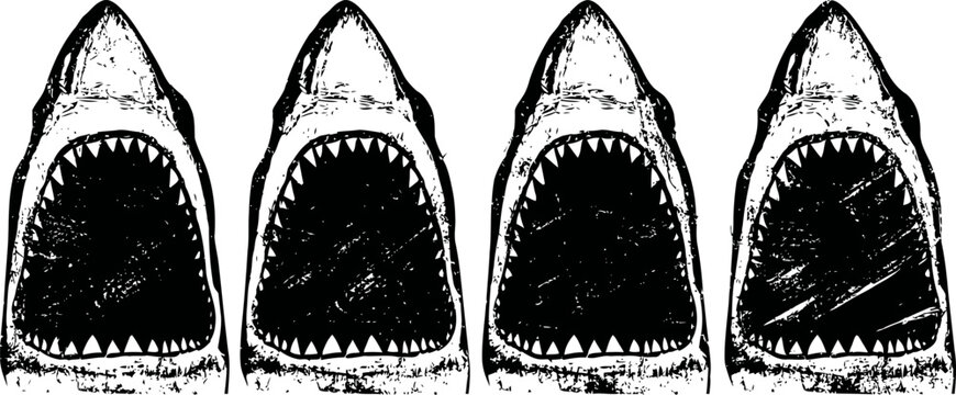 Four black and white shark head illustrations with open jaws showing sharp teeth