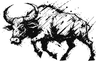 Obraz premium Abstract bull illustration black ink sketch of strong animal with detailed horns and muscular body artistic rough brush strokes drawing