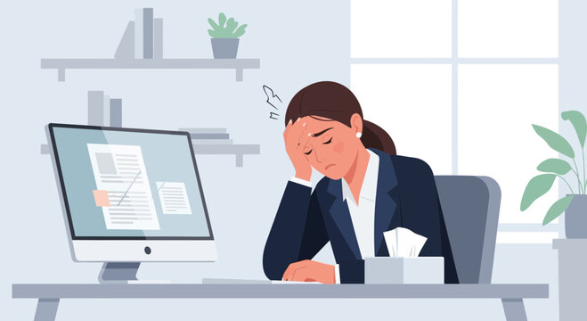 Woman Suffering Stress And Headache At The Workplace While Looking At Documents