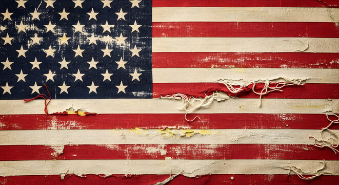 Distressed american flag with torn edges weathered stripes and faded stars high quality professional detailed modern
