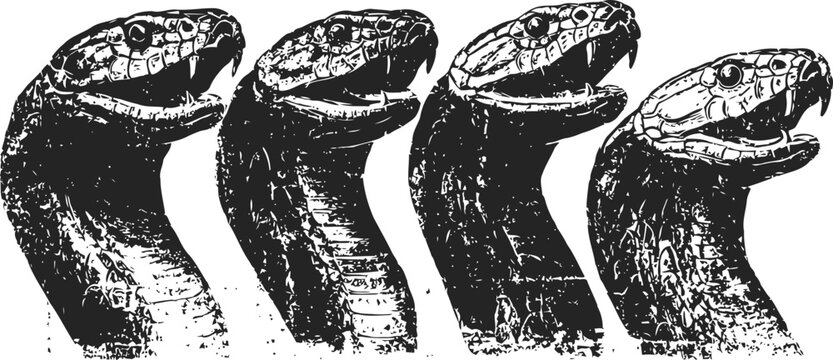 Four black and white cobra heads with open mouths showing fangs in sequential frames