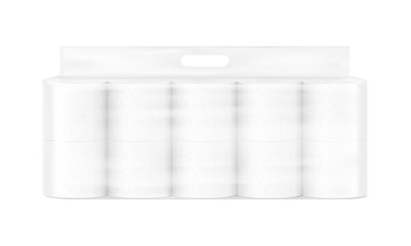 Set of toilet paper roll in transparent handle bag mockup. Vector illustration isolated on white background. Can be use for template your design, presentation, promo, ad. EPS10.