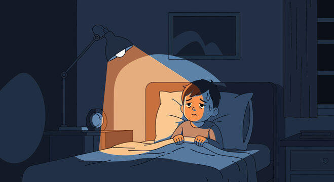 Worried Boy in Bed With Nightmares and Sleepless Fears Under Lamp Lighting