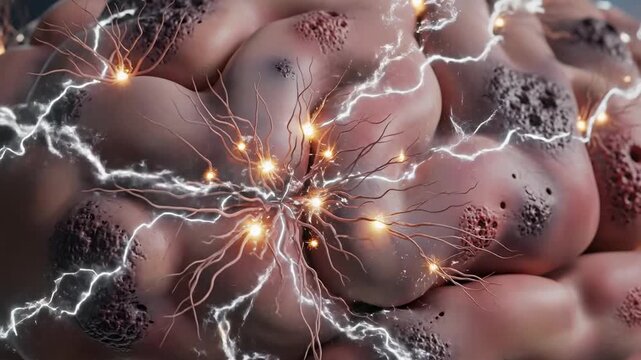 Conceptual 3D illustration of a human brain with electrical impulses and neural activity representing intelligence and neurology.