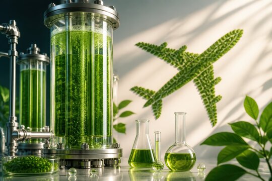 Futuristic algae bioreactor laboratory with green liquid cultures and leaf shaped airplane symbol for sustainable innovation