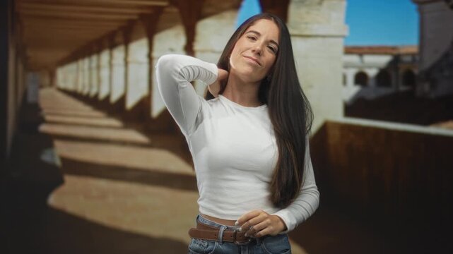 Young woman touching her neck with hand, wearing white top and jeans in a sunlit studio cloister backdrop; calm.