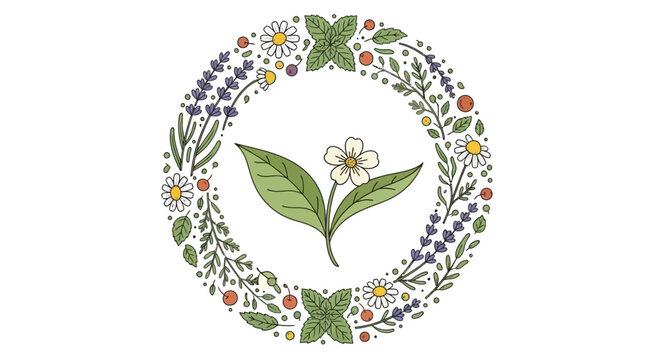 Watercolor botanical wreath illustration with central tea plant branch. EPS Editable. Vector Illustrations.