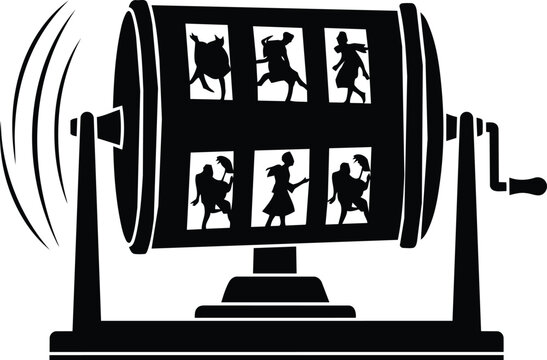 Silhouette illustration of a vintage zoetrope animation device with dancing figures inside.