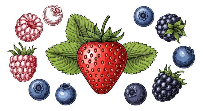 Set of colorful hand drawn summer berries including strawberries blueberries raspberries and blackberries. EPS Editable. Vector Illustrations.