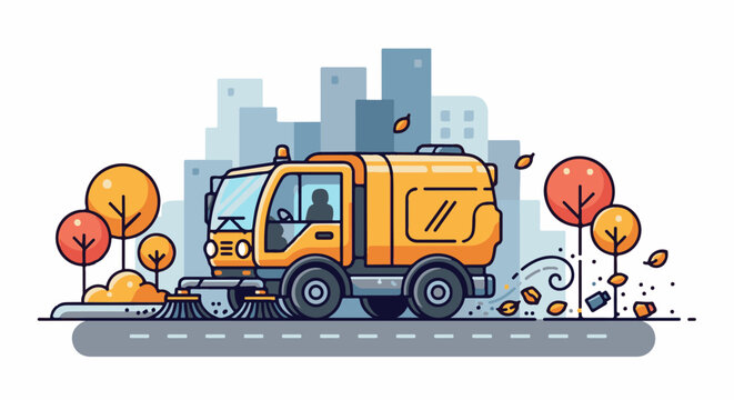 Yellow street sweeper truck cleans city street with autumn leaves blowing around