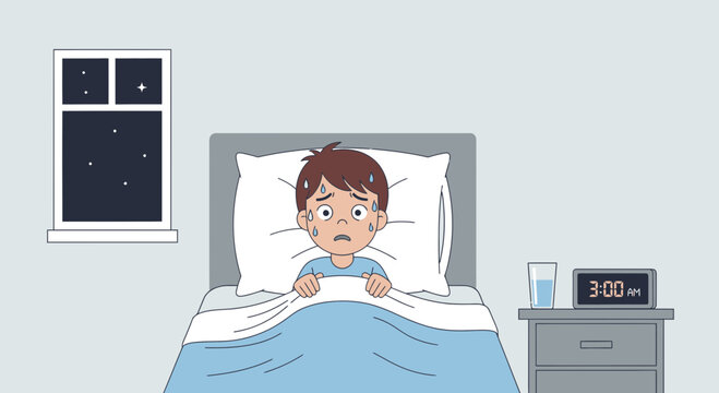 Worried Young Boy Lying Awake in Bed at Night, Facing His Fears and Anxiety