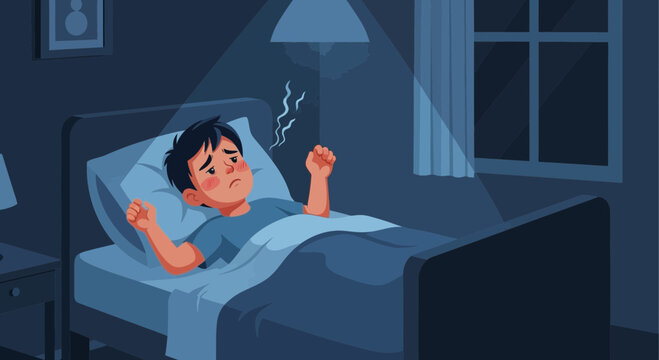 Worried Young Boy Lying Awake in Bed at Night, Sleep Disorder Concept Illustration