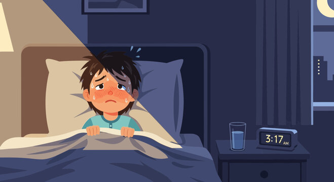 Worried Young Boy Lying Awake in Bed Due to Nightmares, Feeling Anxious and Afraid