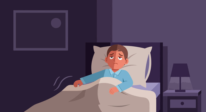 Worried Young Boy Lying Awake in Bed Reflecting Difficulties and Anxiety Unresolved