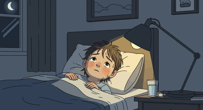 Worried Young Boy Lying Awake In Bed, Illuminated By A Bedside Lamp At Night Time
